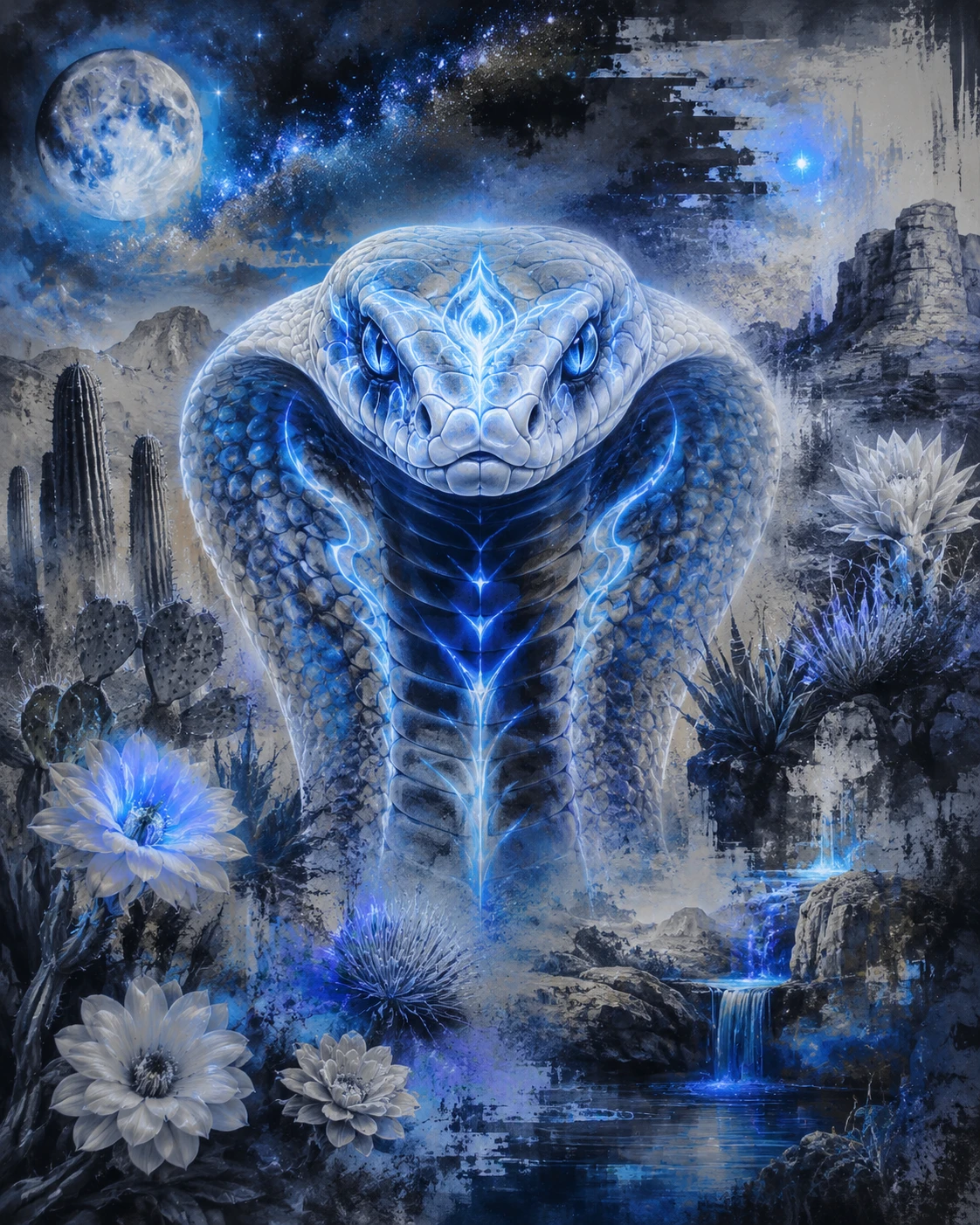 Glowing blue cobra in a moonlit desert oasis night scene