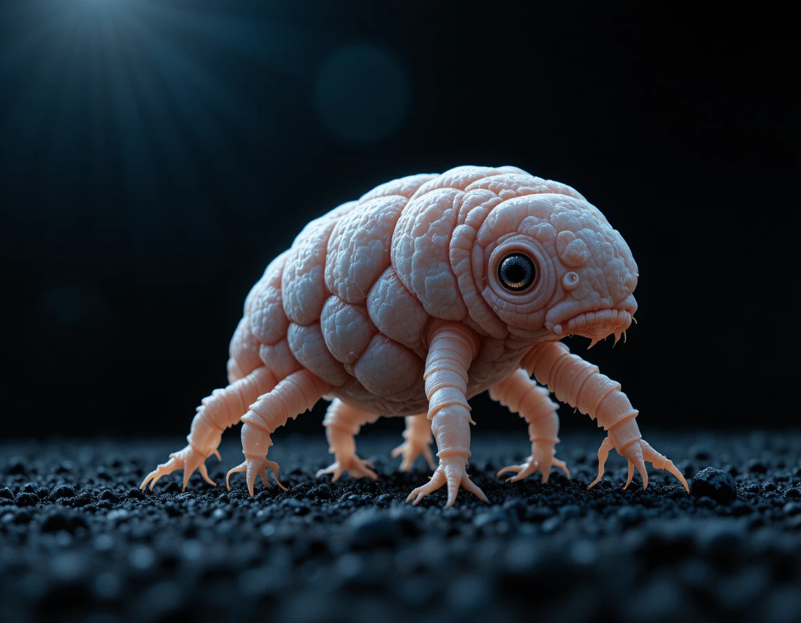 Macro 3D render of a tardigrade on black background