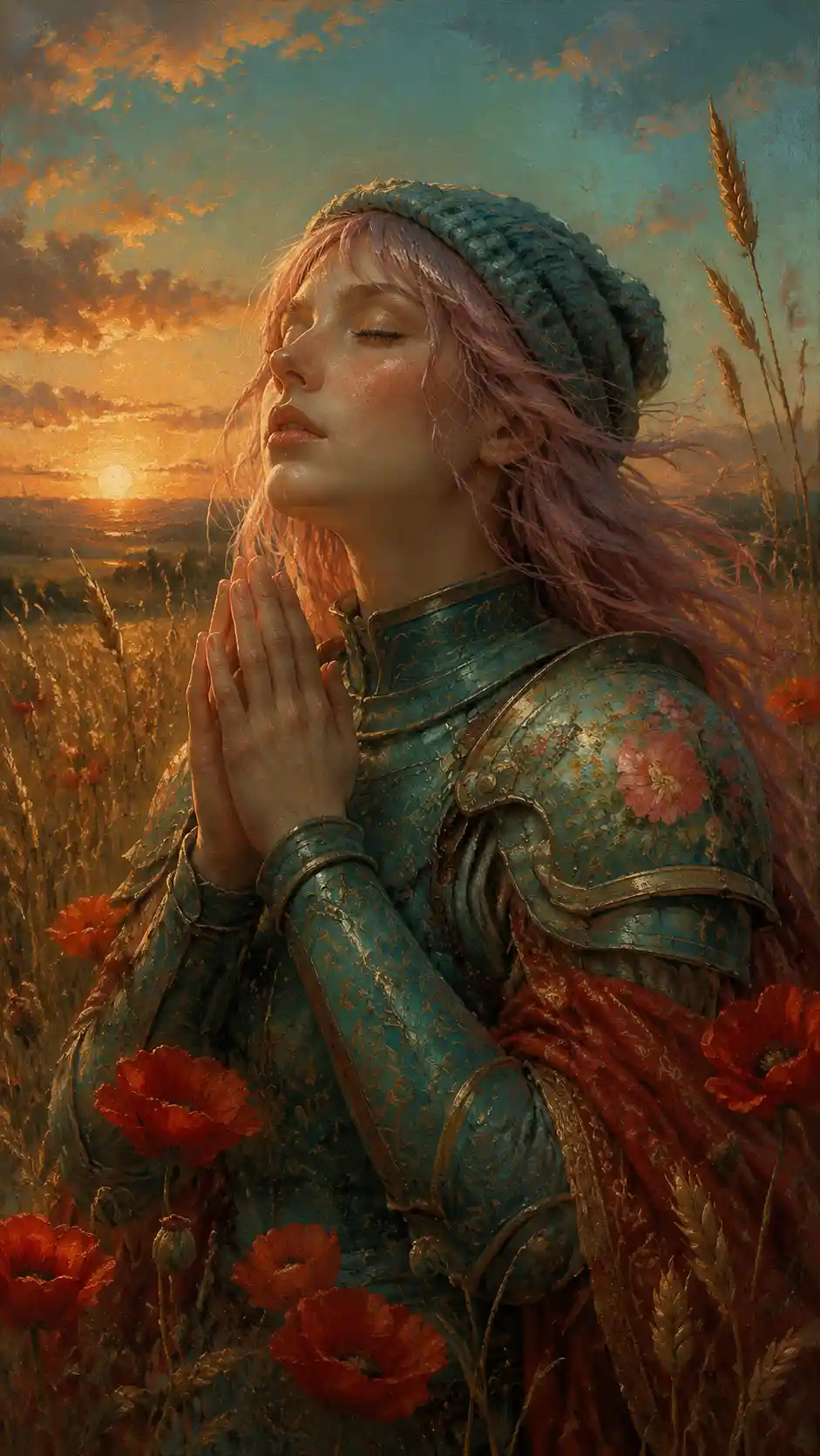 Young woman in armor praying in a golden wheat field