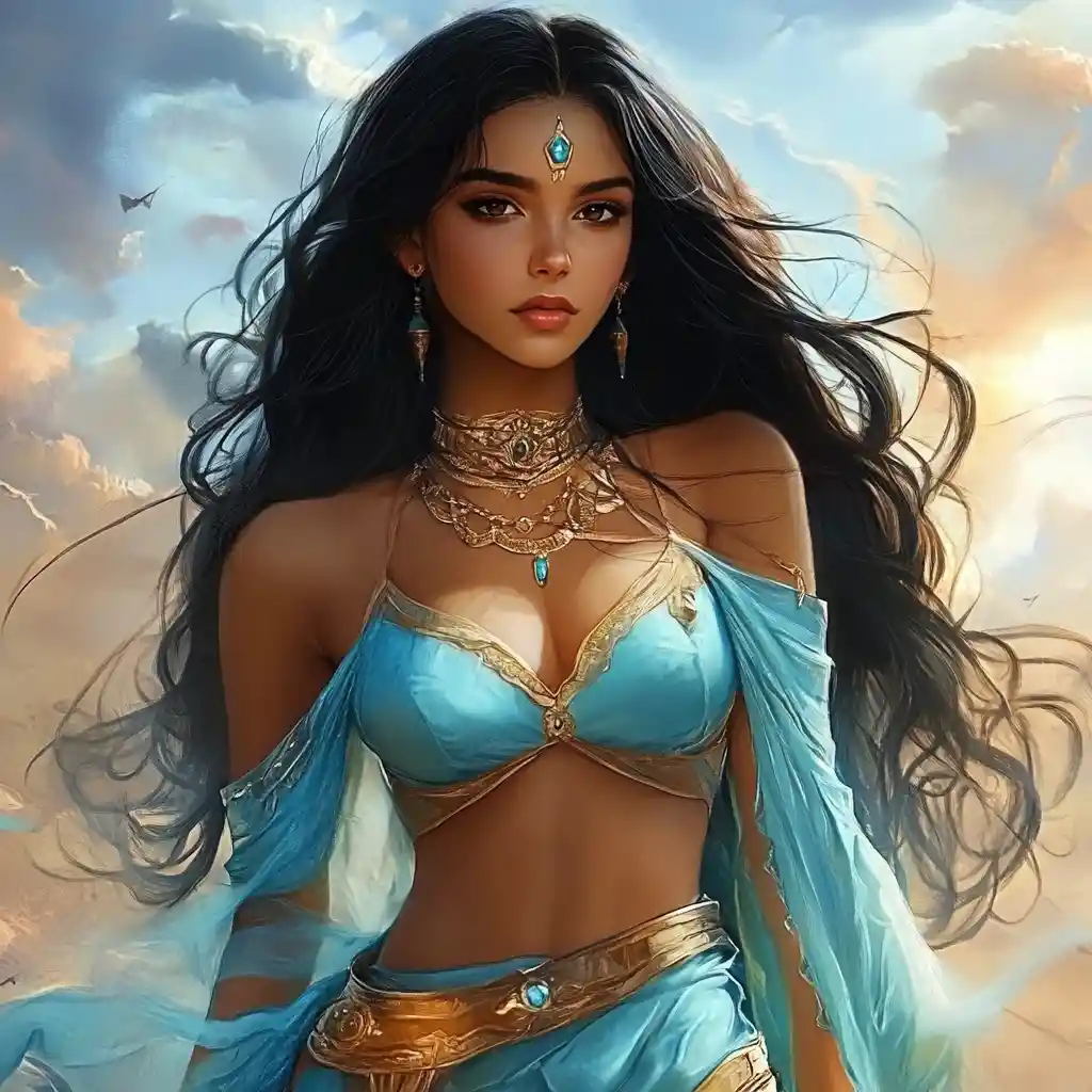 Tanned warlock genie with sleek black hair in blue robes