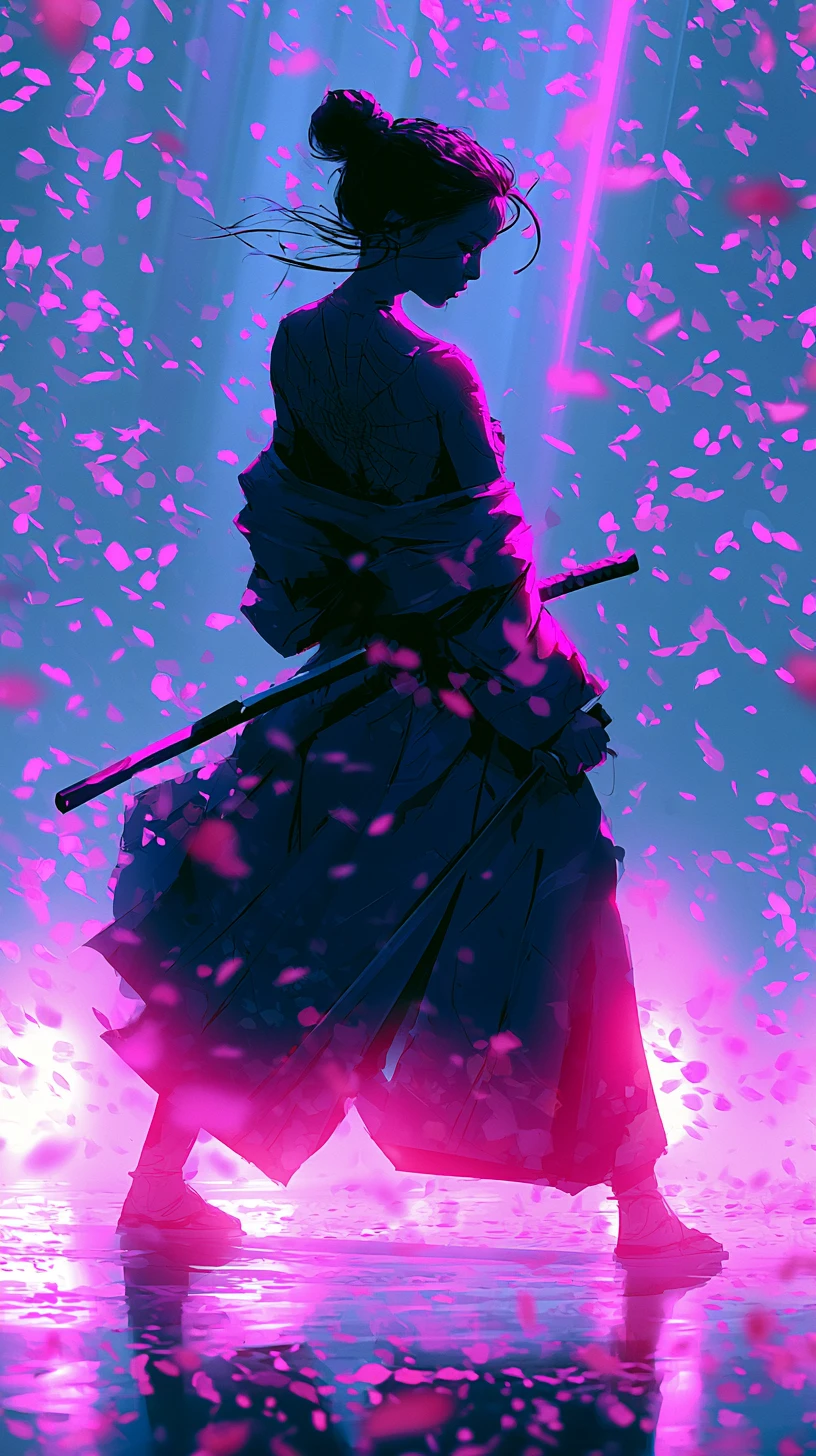 Mujer guerrera en kimono con katana vista desde arriba
