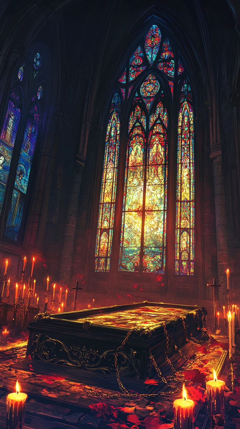 Scène de cathédrale gothique avec cercueil enchaîné et fille endormie