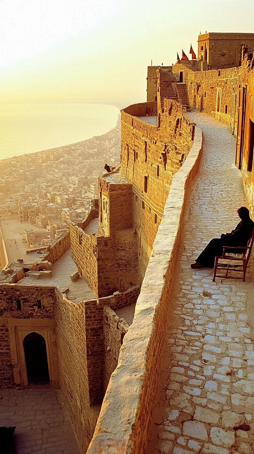 Woman on a hill beside a door under a sunset sky