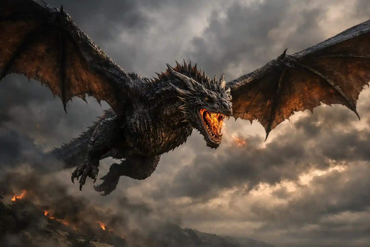 Dragon soaring through stormy sky in dark fantasy scene