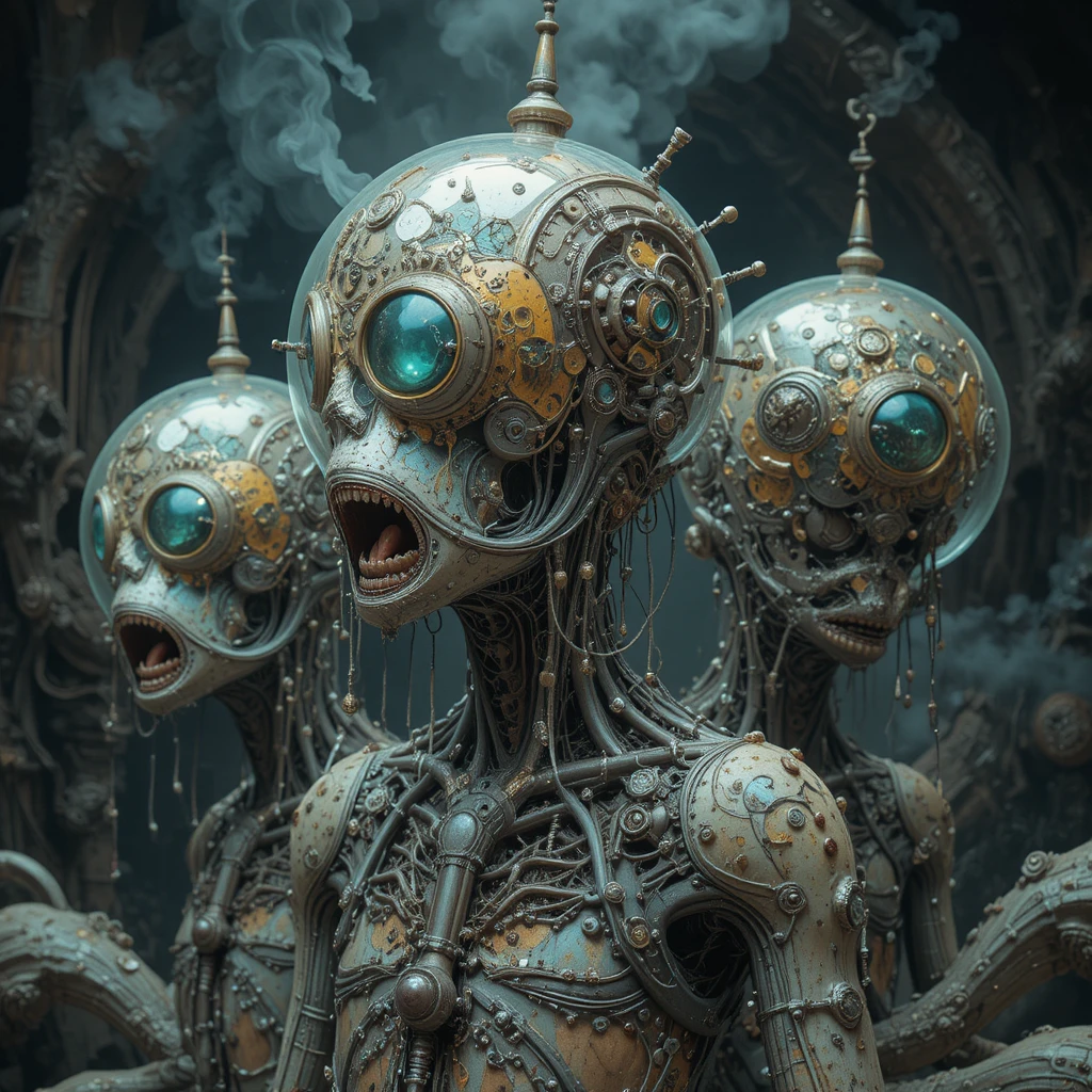 Surreal mechanical creatures in a lucid fever dream vision