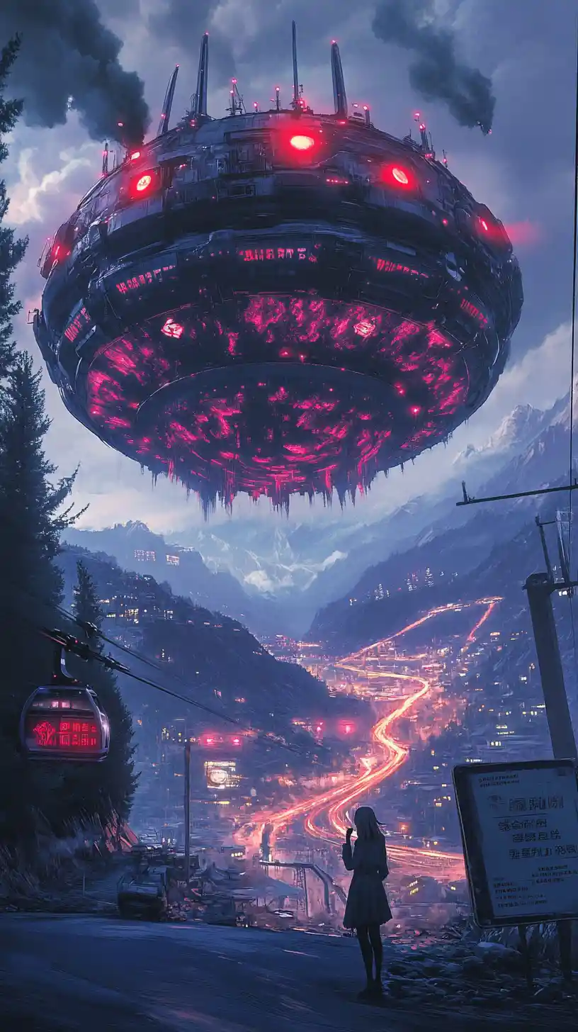 Anime girl at futuristic mine entrance under red warning lights