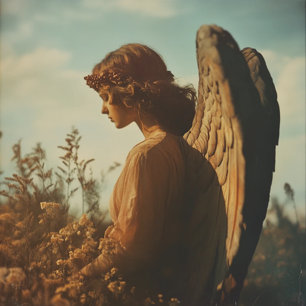 Unconventional angel in soft earthy tones with film grain