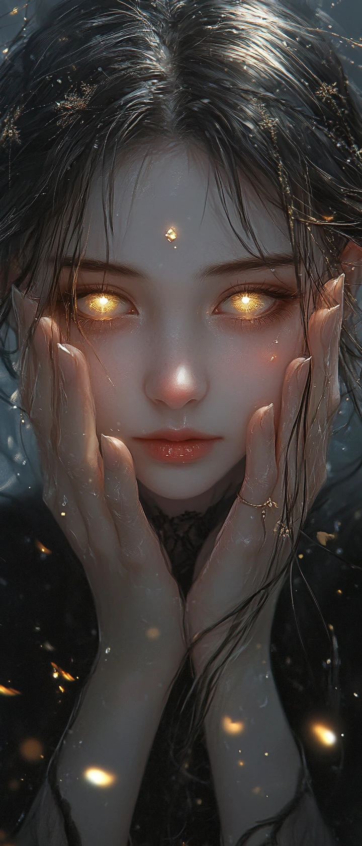 Melancholic girl with glowing hair in a dark fantasy portrait