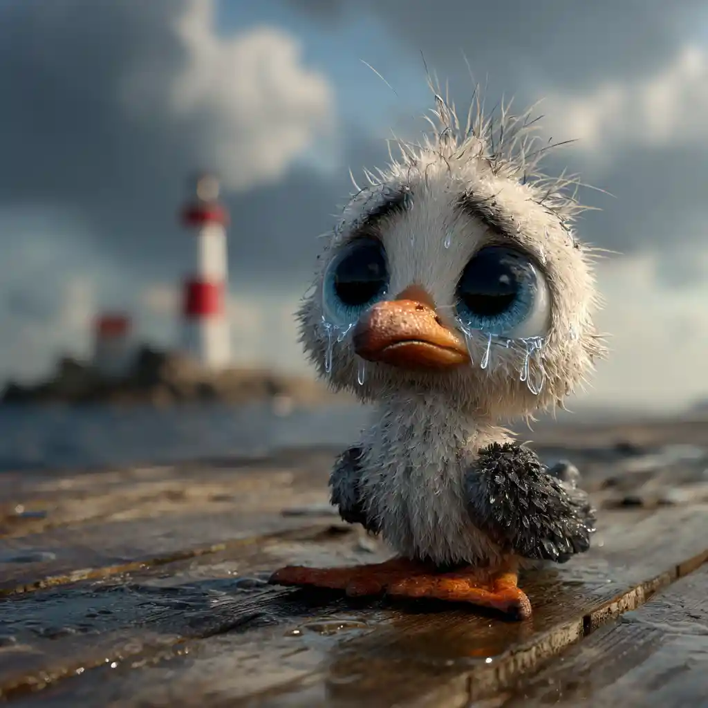 Sad baby seagull on a wet pier by the lighthouse