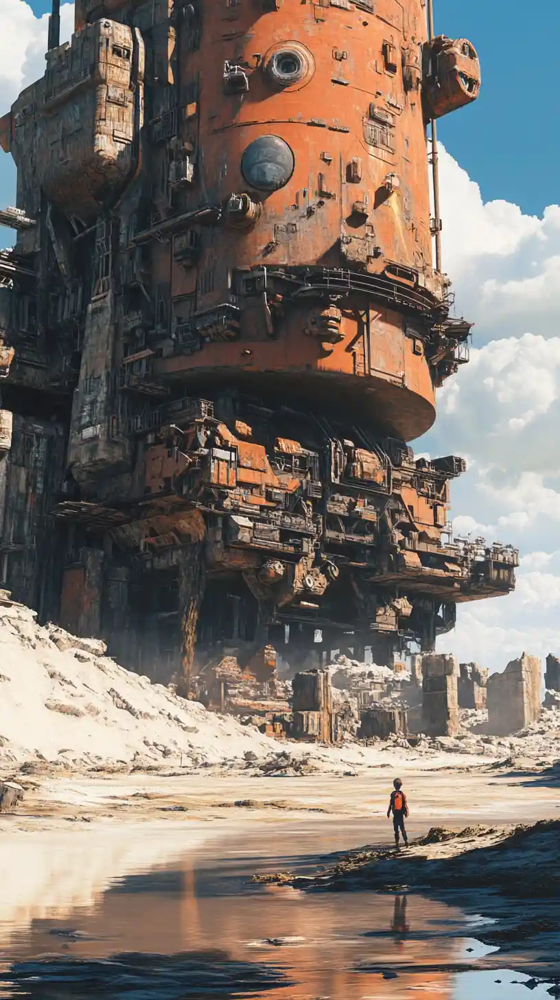 Surreal steel machine and dead tree in a sandy landscape
