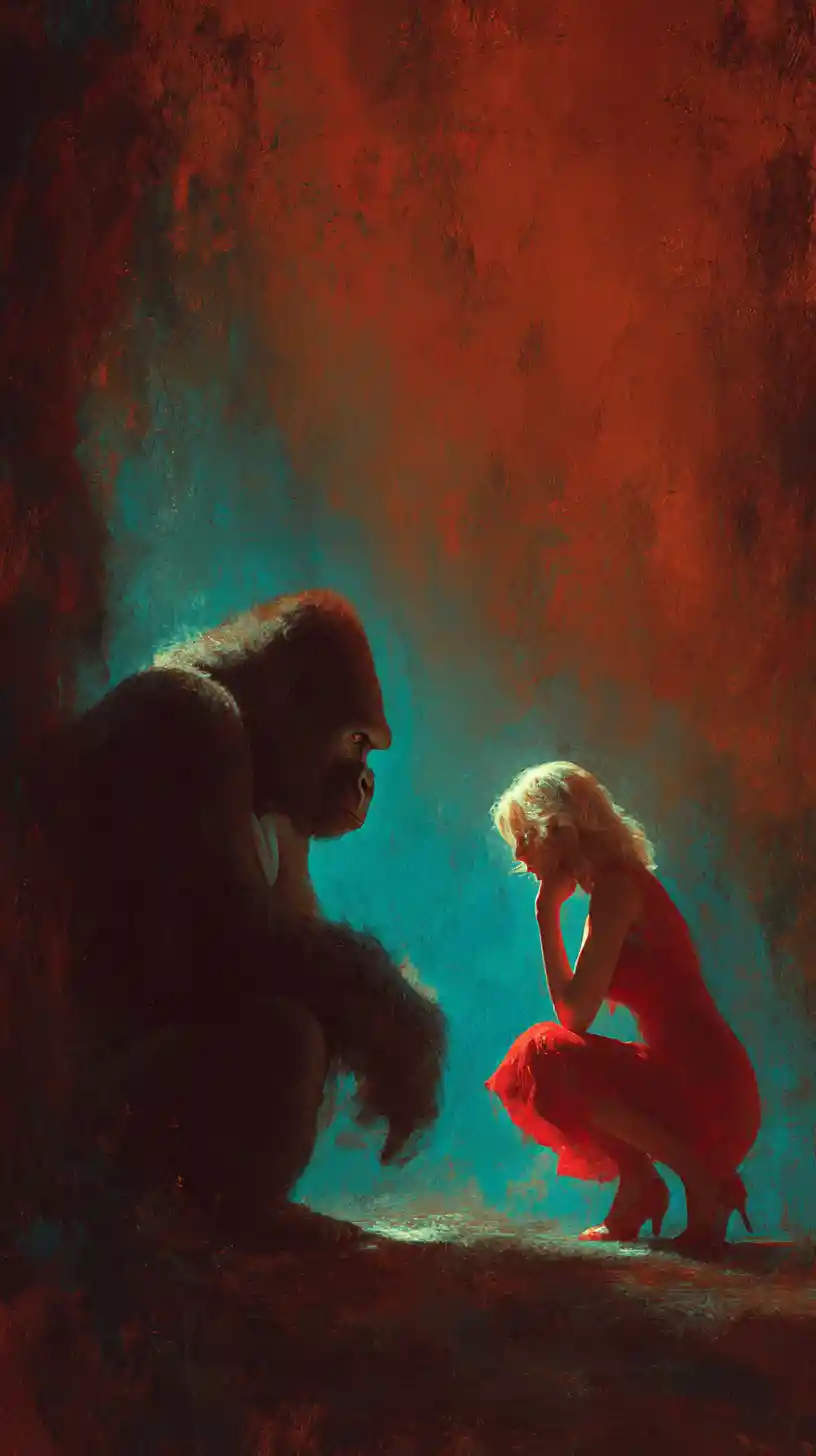 Gorilla And Woman Face Each Other In Cinematic Forest Portrait