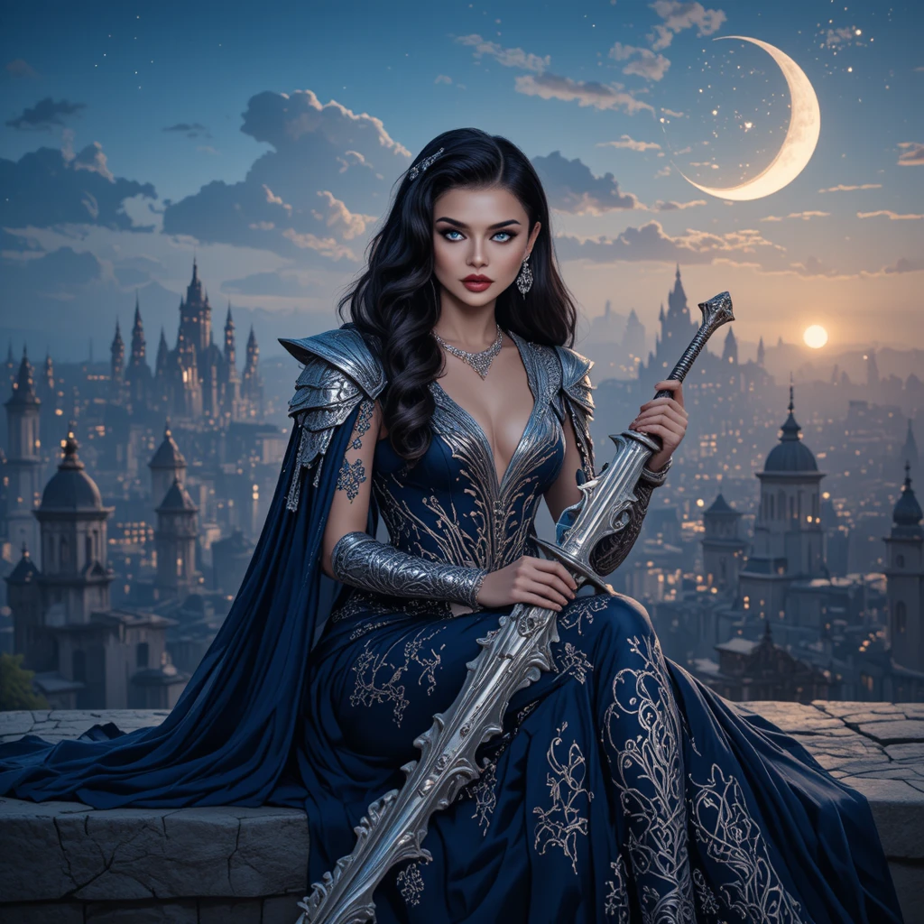 Fantasy warrior woman over twilight celestial city