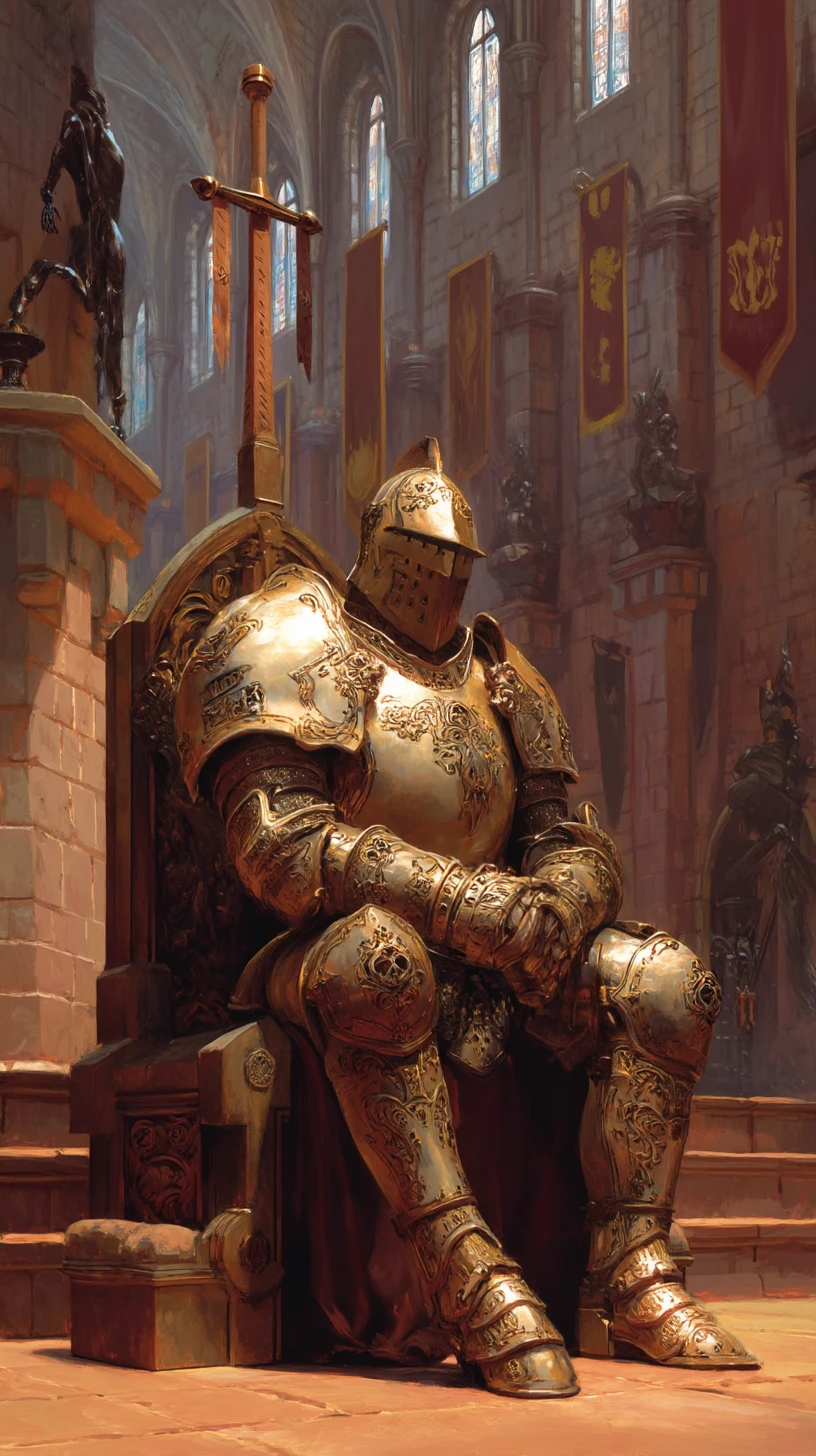 Golden armoured knight seated on a grand stone throne