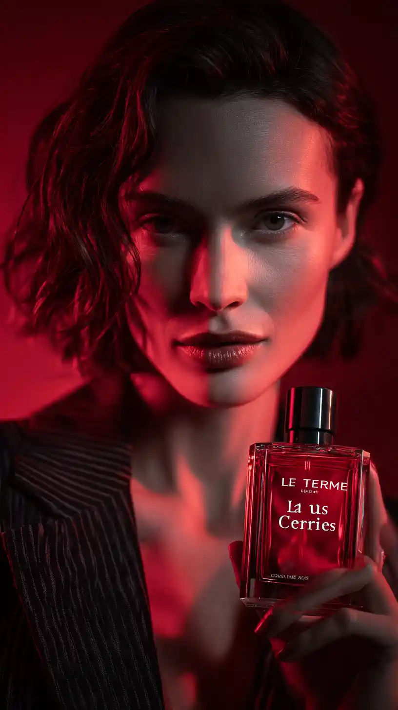 Woman with perfume bottle in stylish studio lighting