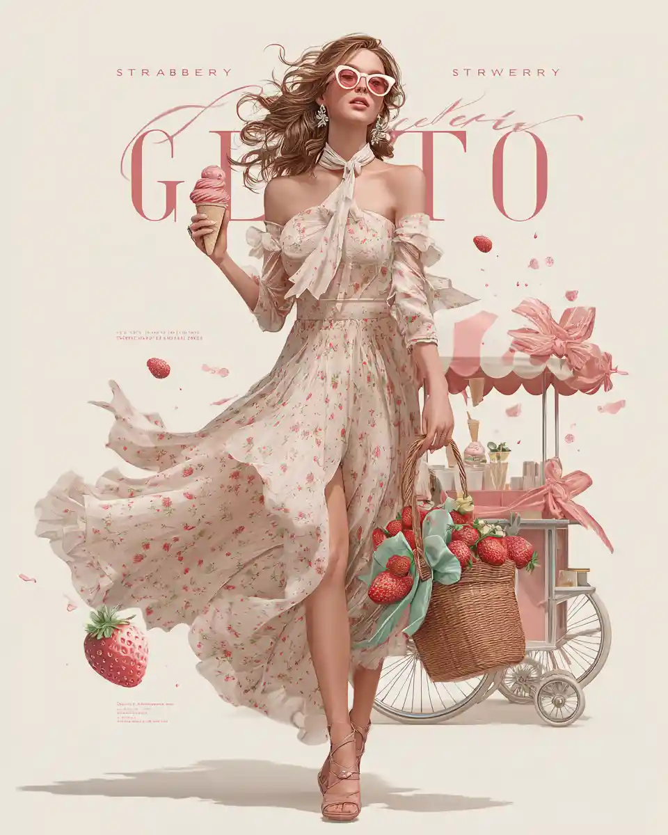Strawberry dress girl with ice cream and vintage cart