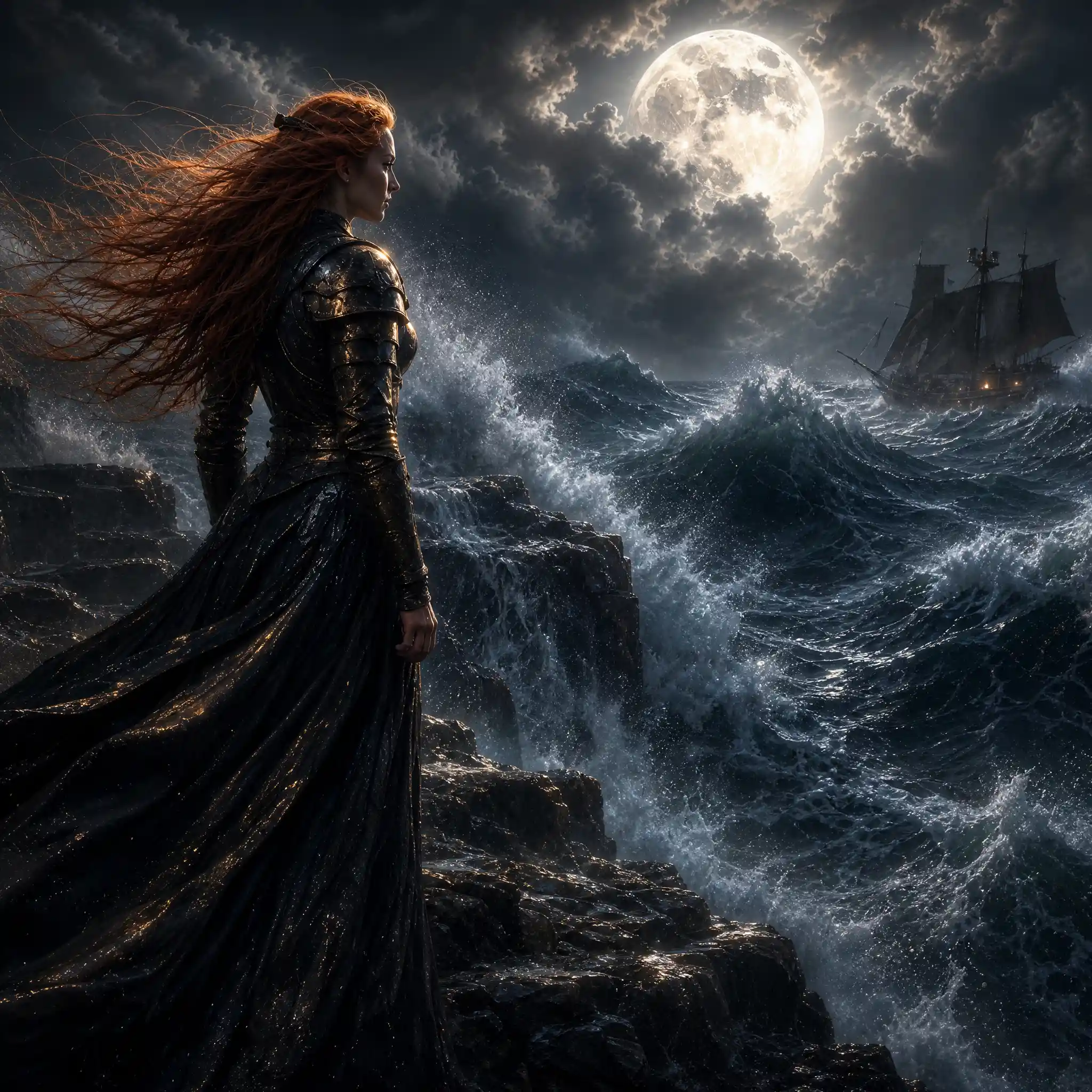 Red haired woman in armor on stormy moonlit coastline