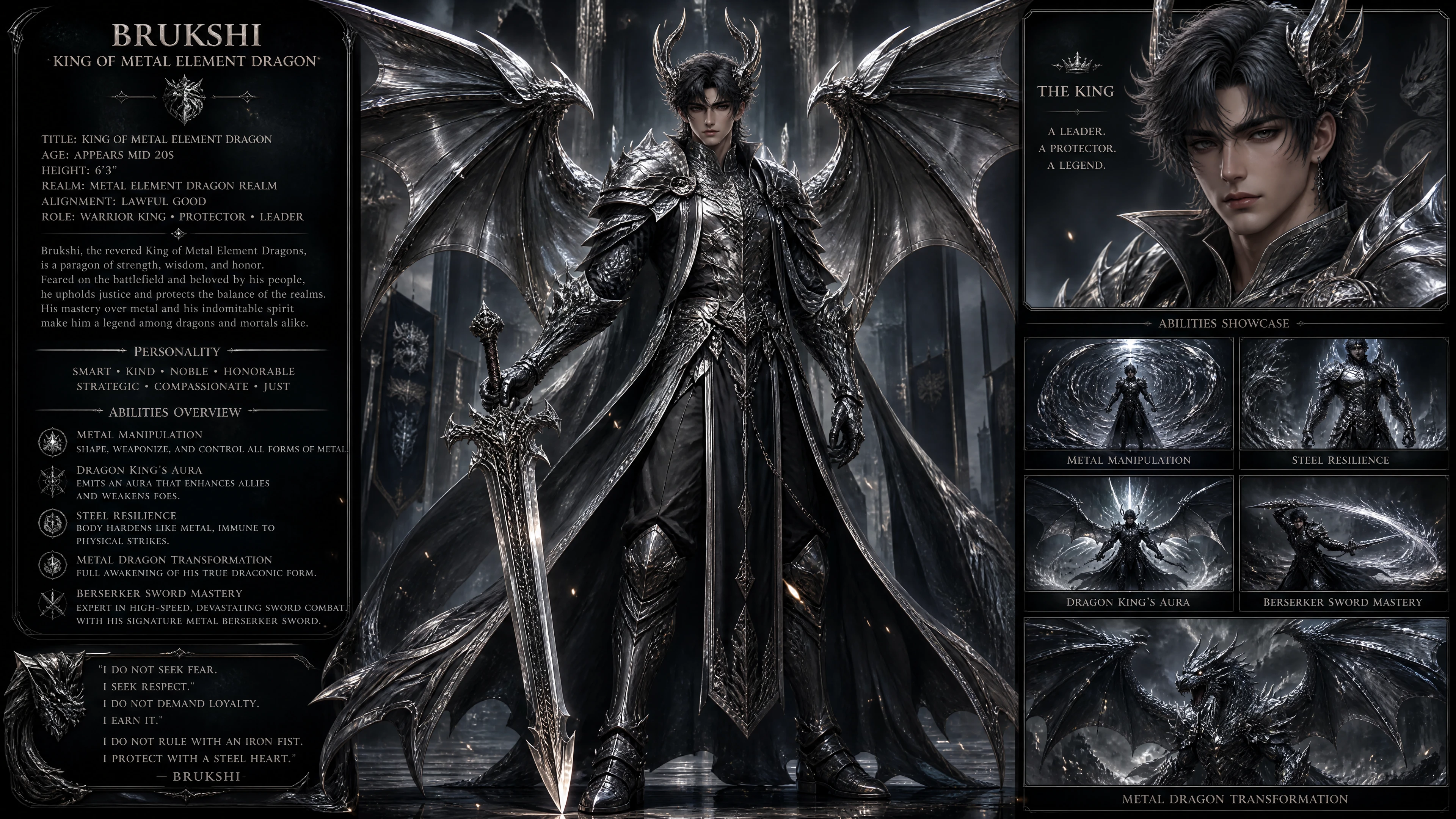 Noble dragon king warrior with metal horns and wings