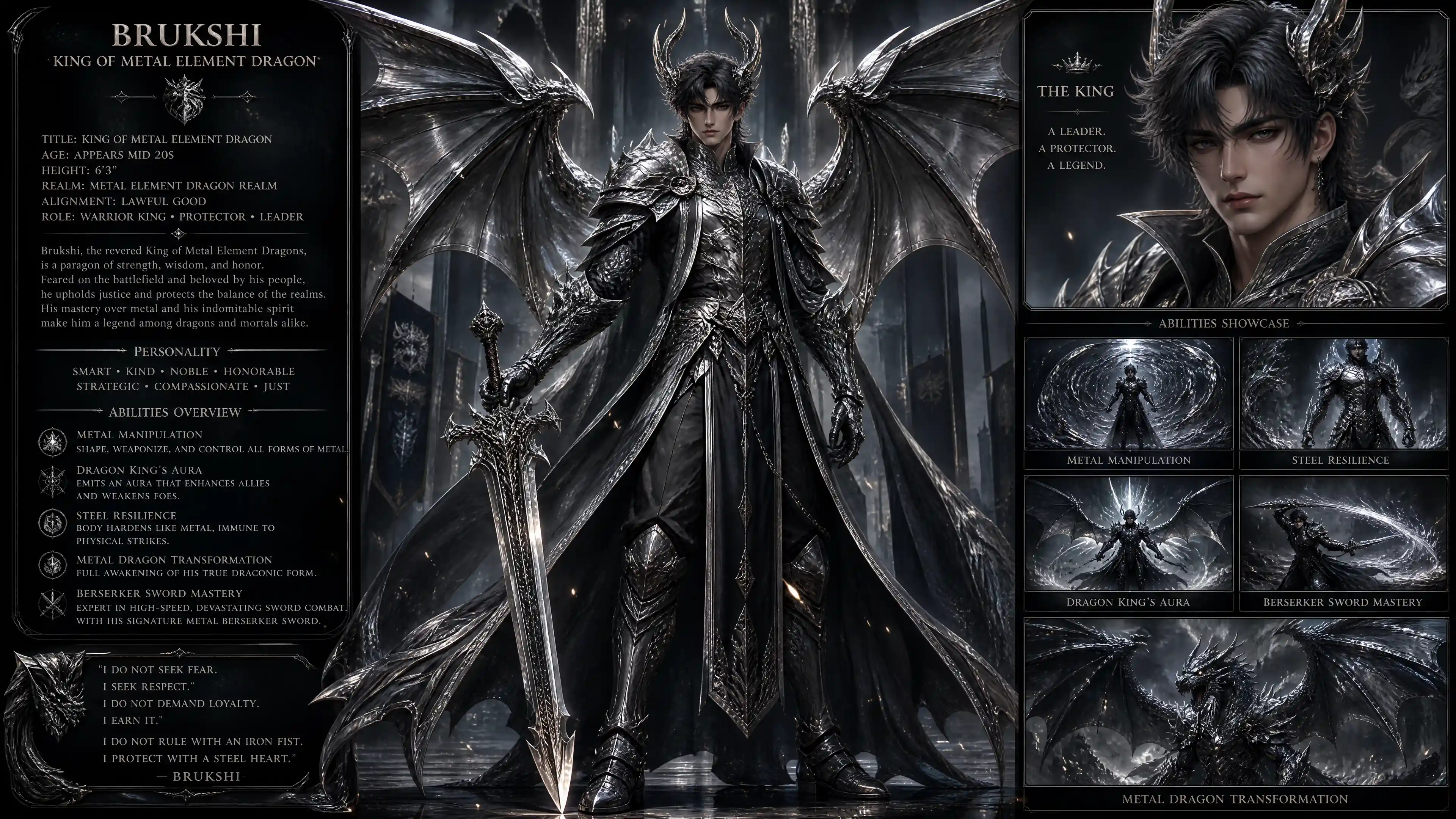 Noble dragon king warrior with metal horns and wings