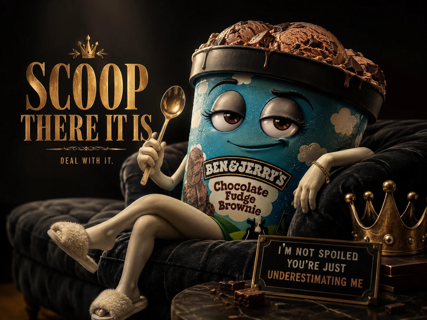 Cinematic 3D ice cream character lounging on a couch