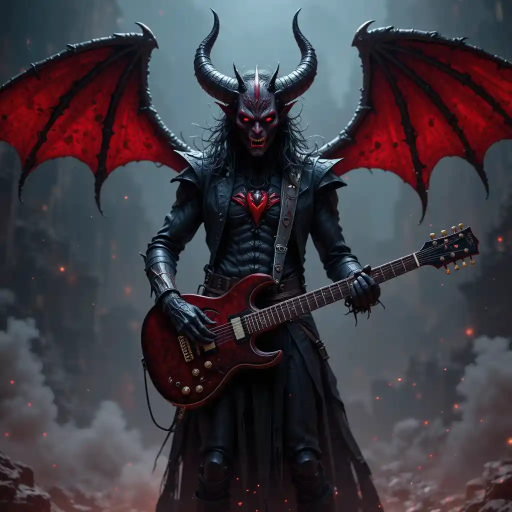 Powerful male music demon ruling a terrifying hell scene
