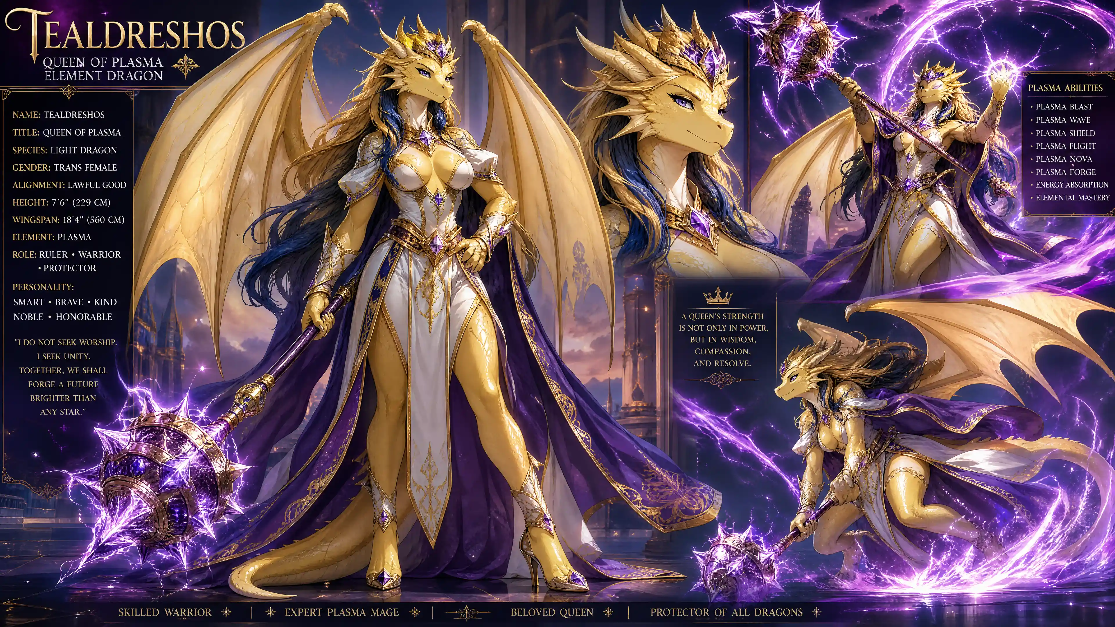 Winged dragon queen in royal garments with plasma mace