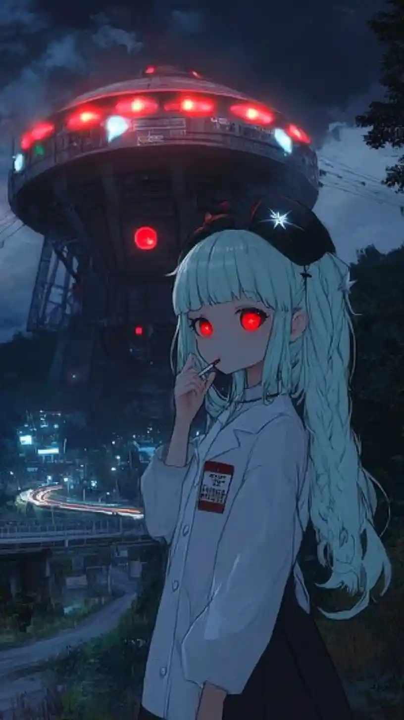 Anime girl smoking before a futuristic crystal mine