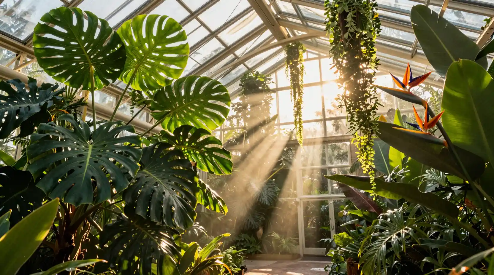 Sunlit tropical greenhouse filled with lush jungle plants
