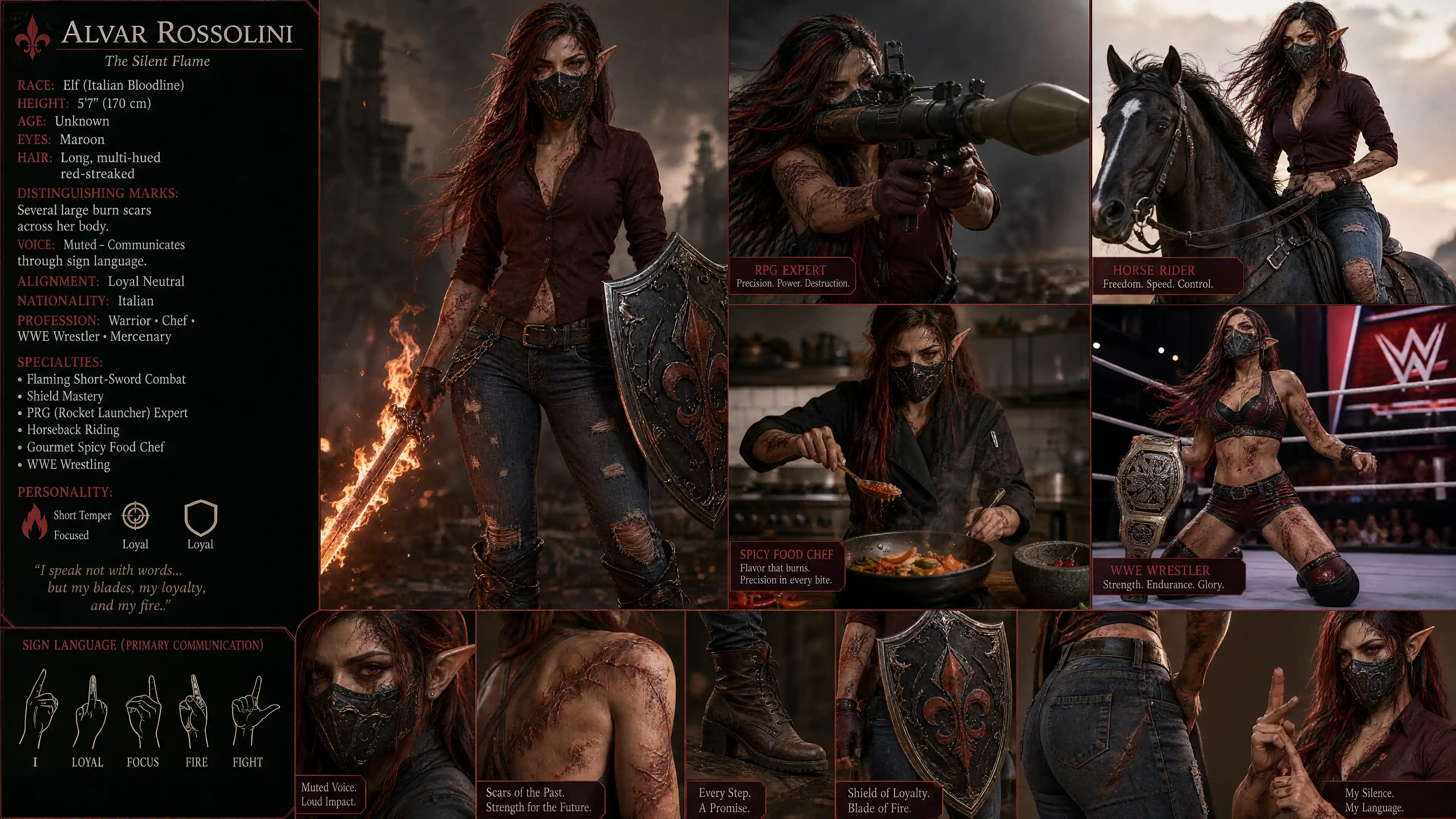 Scarred elven warrior woman with mask and burning sword