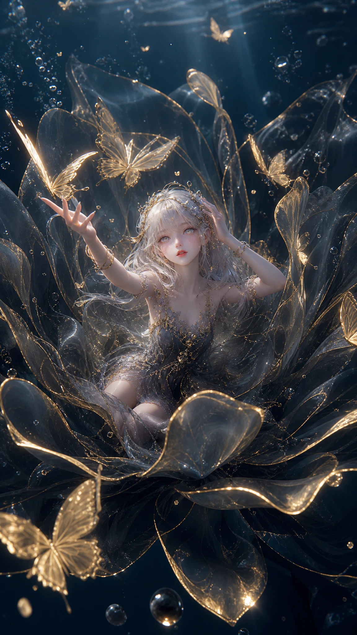 Ethereal fairy girl inside a dissolving underwater flower