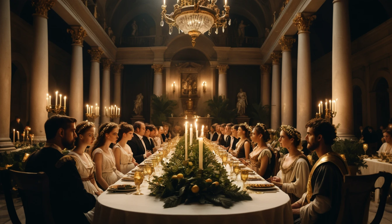 Lavish Roman nobles at a dramatic torchlit banquet