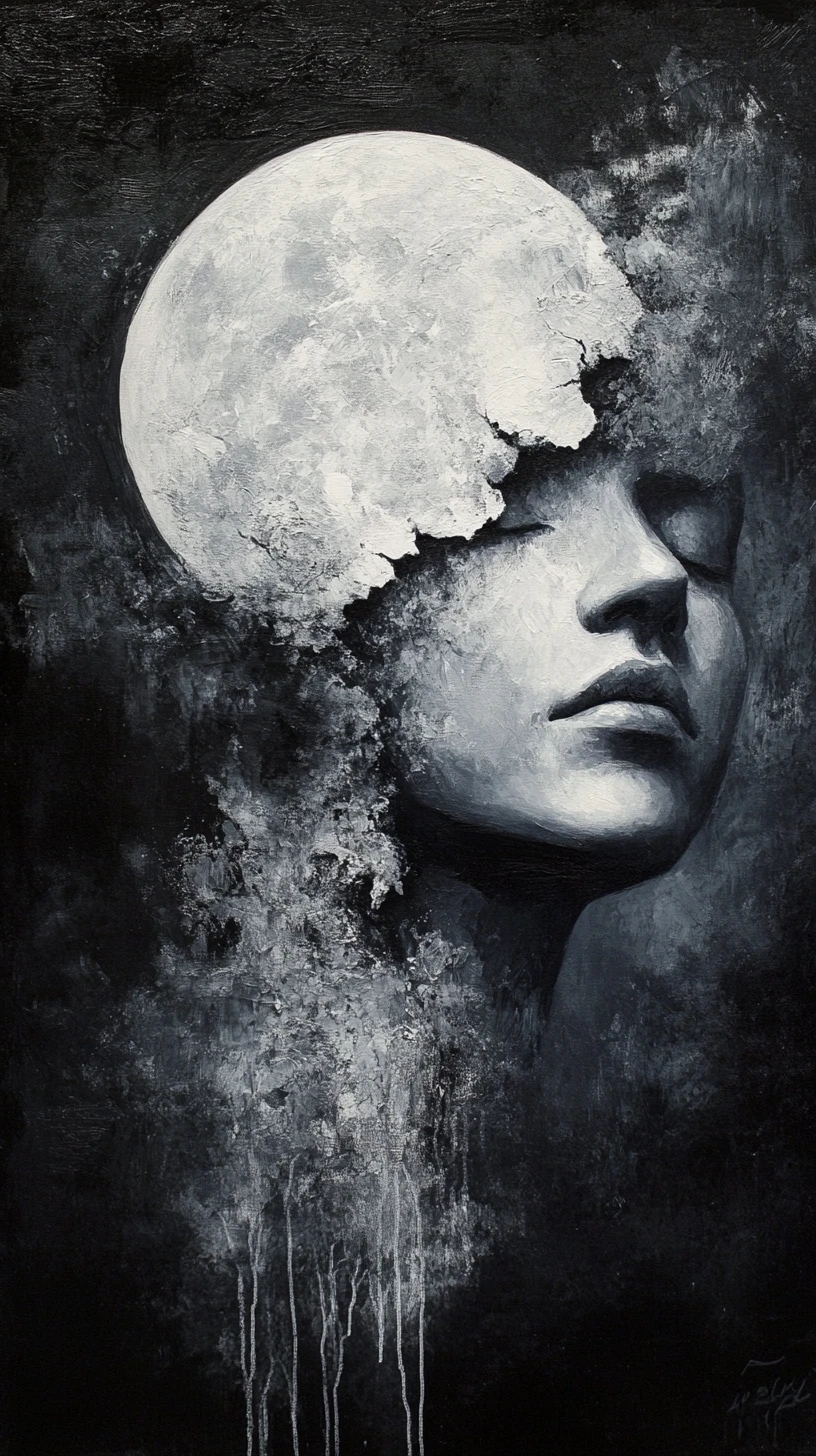 Abstract moonlit face emerging from smoke and fractured plaster