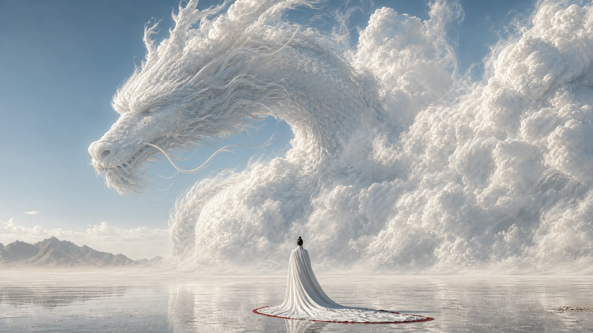 Lone figure facing colossal cloud dragon above salt desert