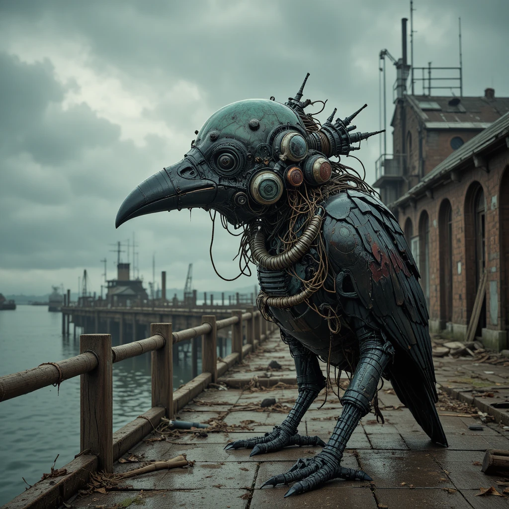 Surreal glass crow headed machine creature at empty harbor
