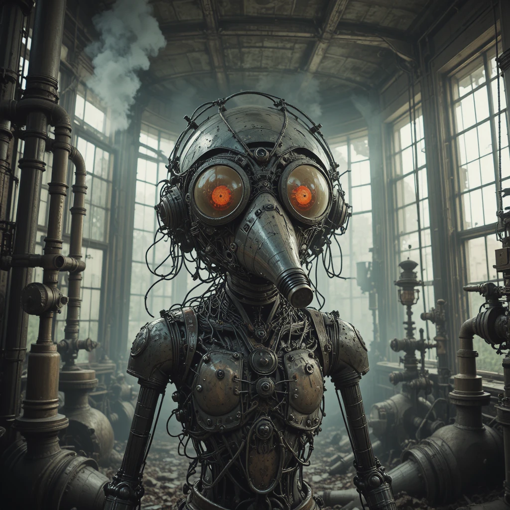 Surreal mechanical creature screaming inside an abandoned water tower