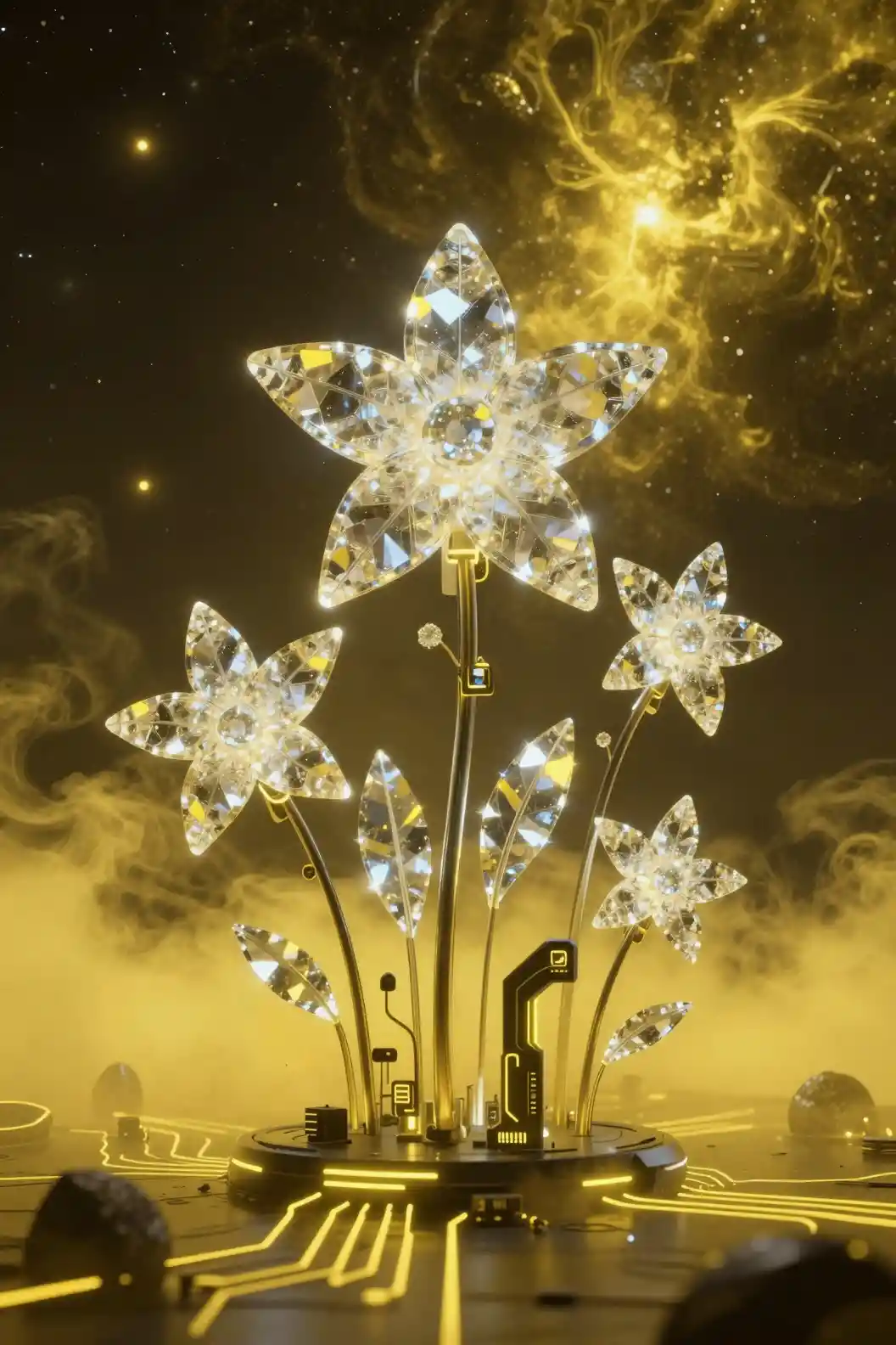 Futuristic glass circuit board in glowing yellow space
