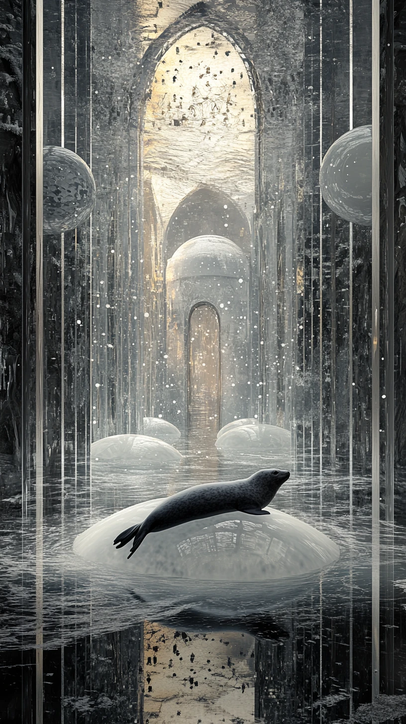Seal Resting On Floating Iceberg In Mirrored Cathedral