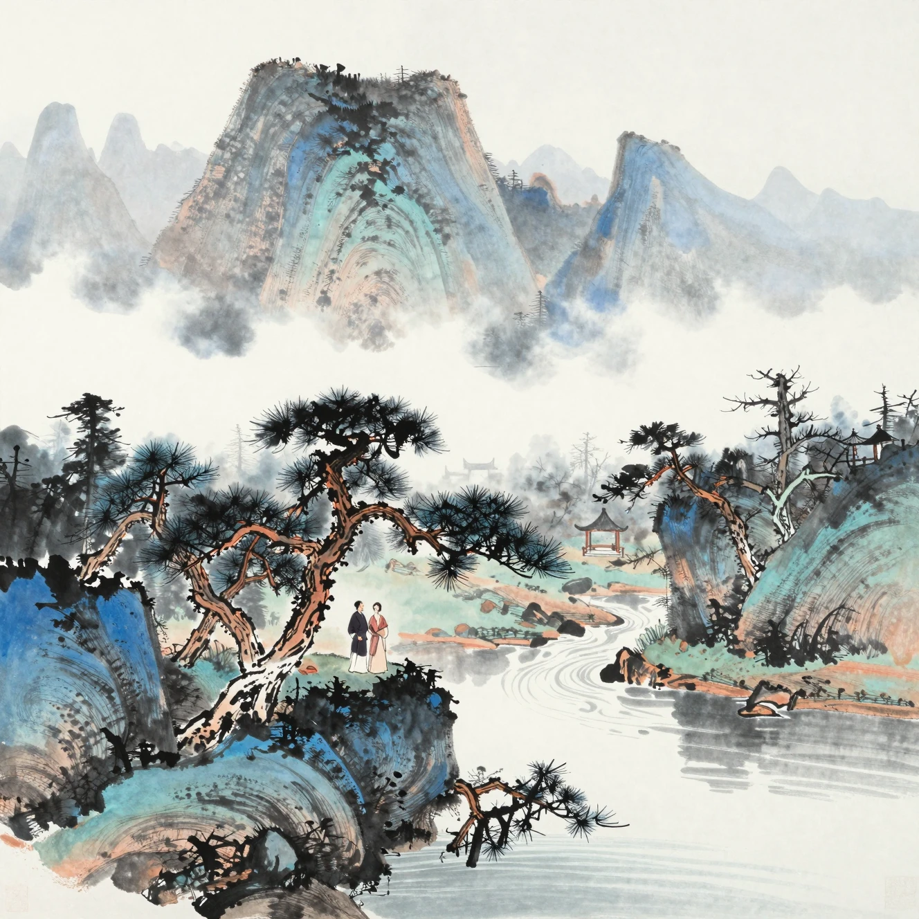 Couple Meeting Under Pines In Misty Mountain Landscape
