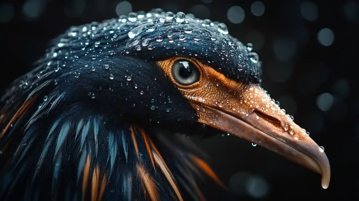 Macro bird portrait with rain droplets on feathers
