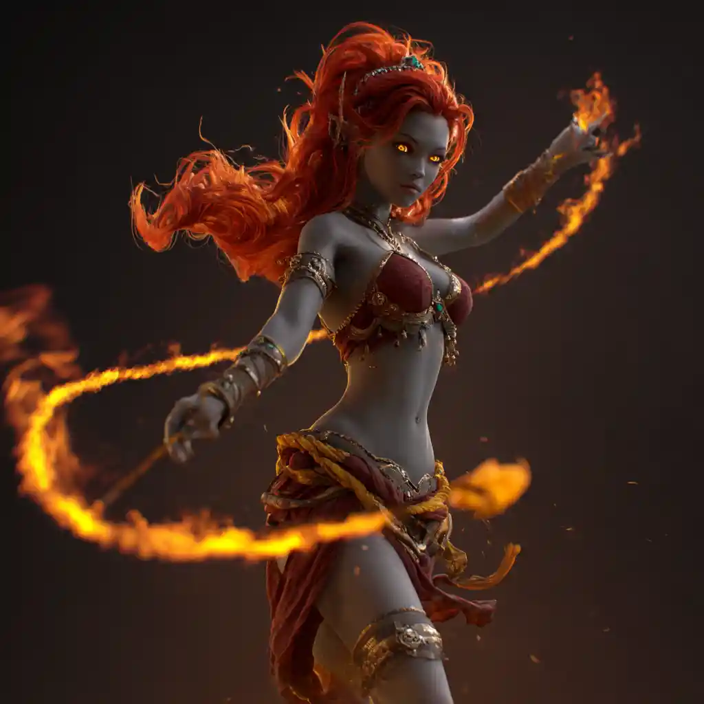 Fantasy dancer with flaming whip and blazing fiery gaze