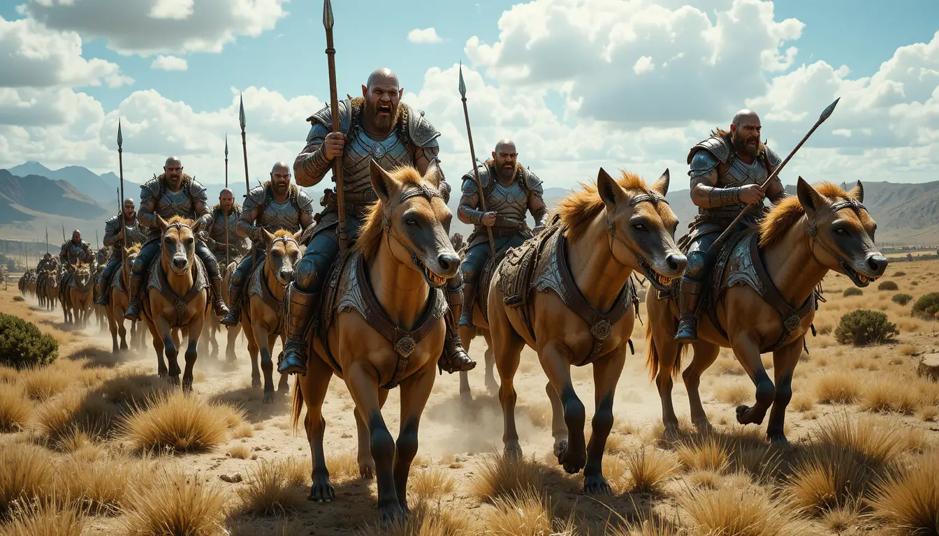 Orc warriors riding hyena beasts across dry grassy plains