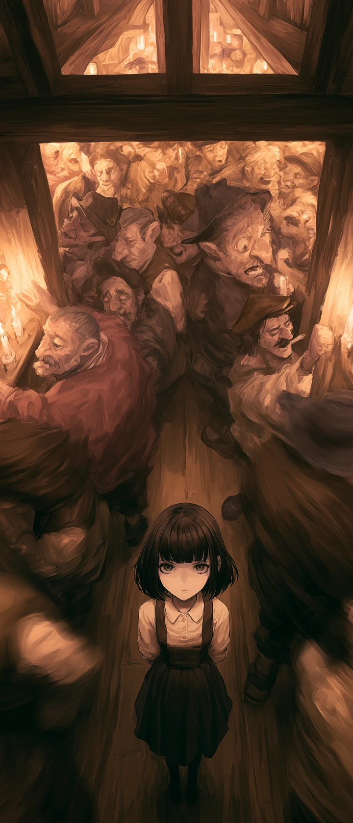 Sad anime girl amid rowdy tavern dancers in candlelight