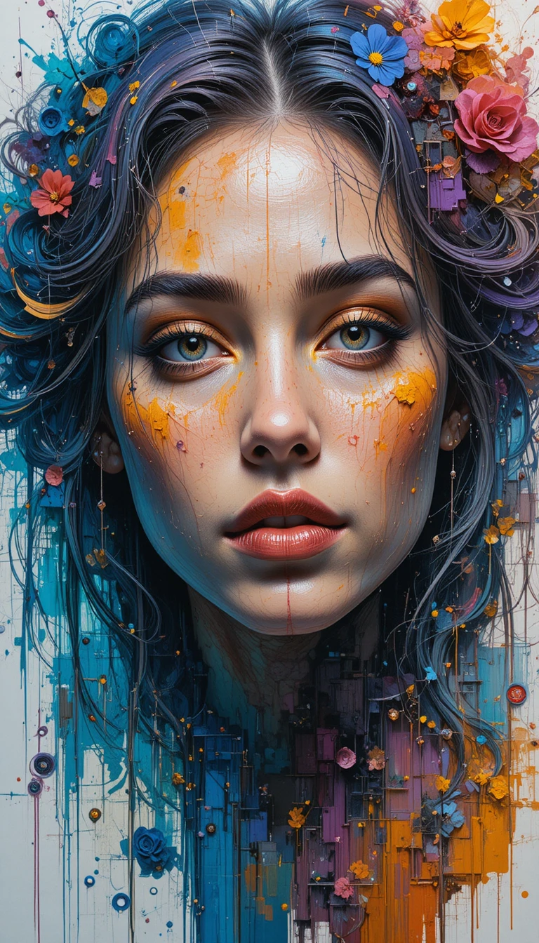 Vibrant mixed media portrait with intricate expressive details