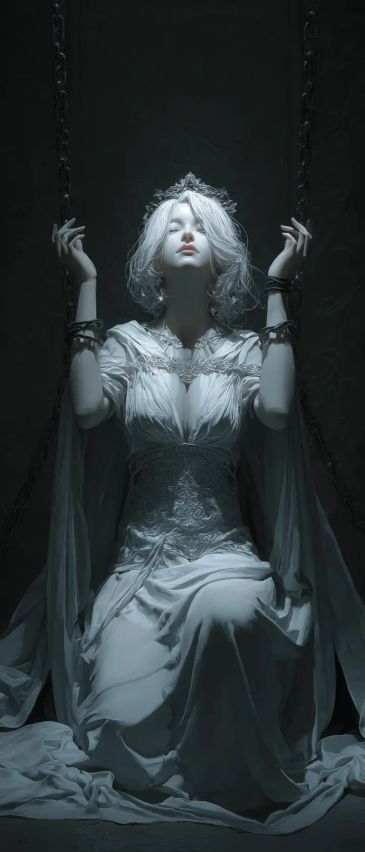 Royal maiden chained in a dark dungeon with glowing hair