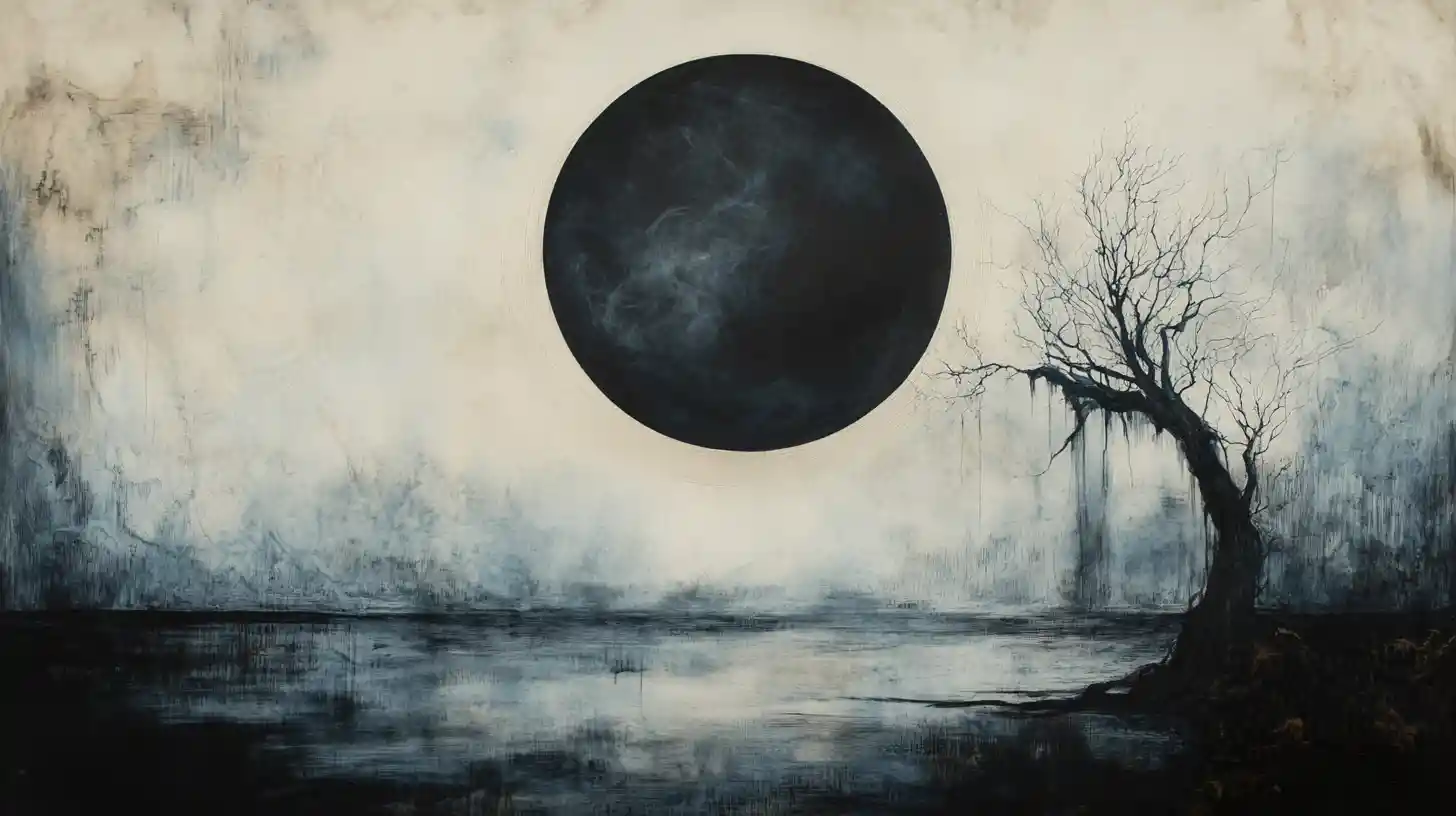 Abstract ink eclipse over water with solitary tree