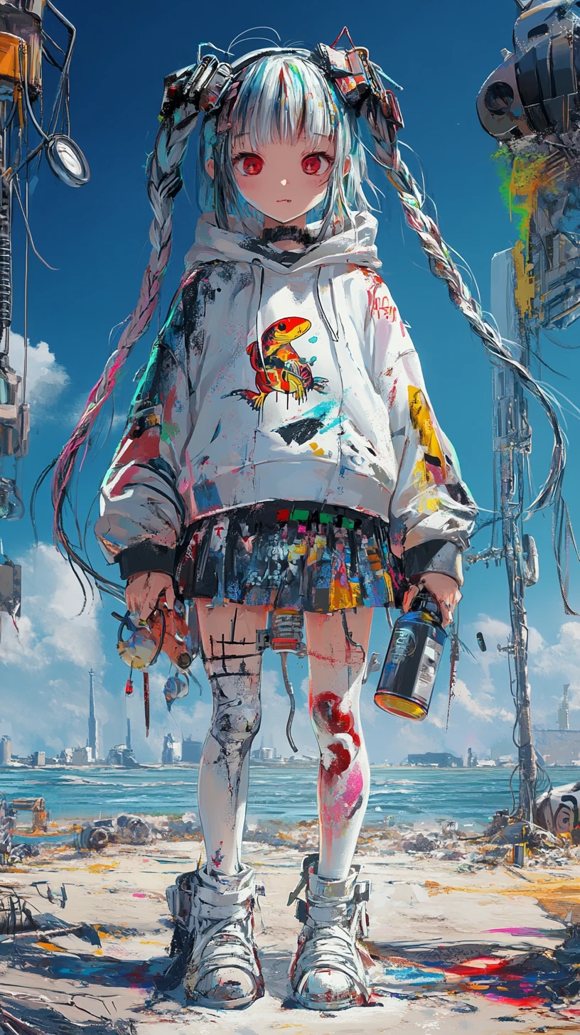 Anime girl in white coat amid surreal desert machinery