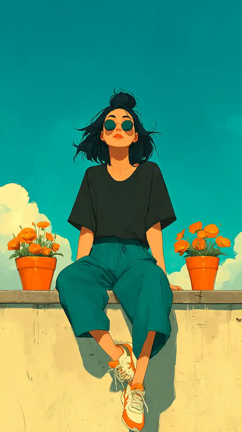 Relaxed girl sitting on a balcony ledge at sunset