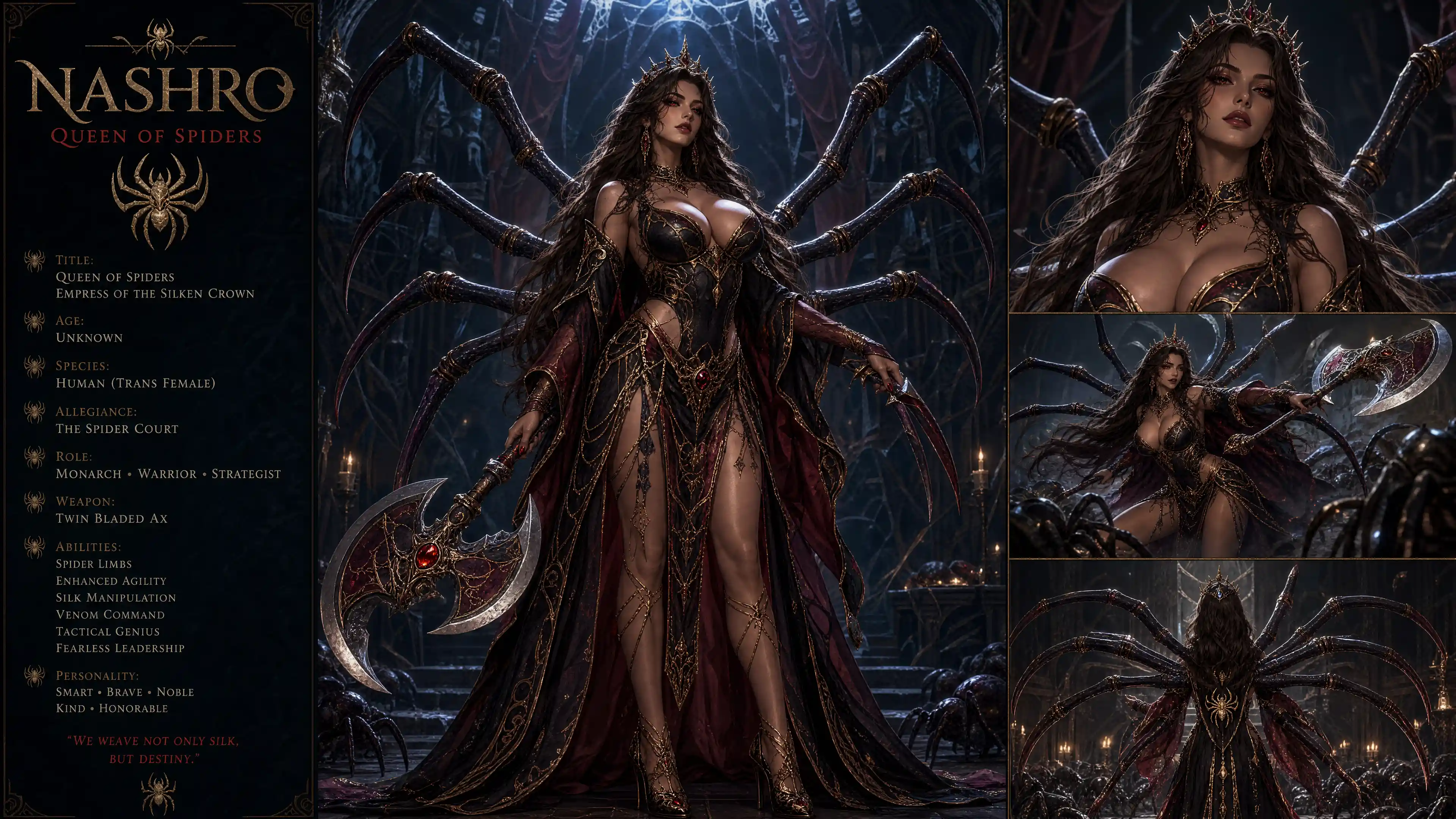 Spider queen woman with sapphire limbs and royal attire