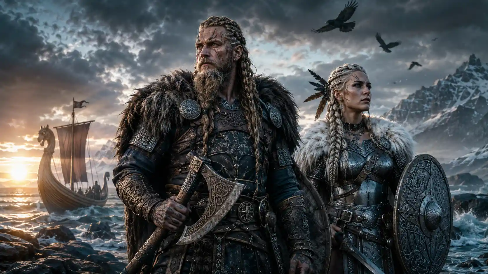 Viking warriors on a stormy nordic shore at sunrise