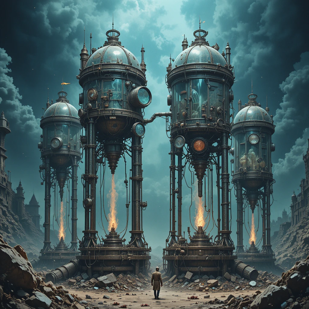 Surreal glass headed fantasy creatures in a mechanical dreamscape
