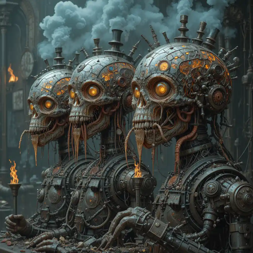 Photorealistic mechanical creatures in a surreal fever dream